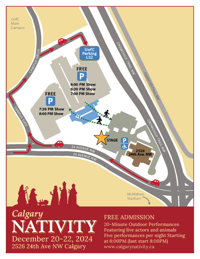 Parking instructions to the Calgary Nativity. Park in L32 Parking Lot at the University of Calgary.